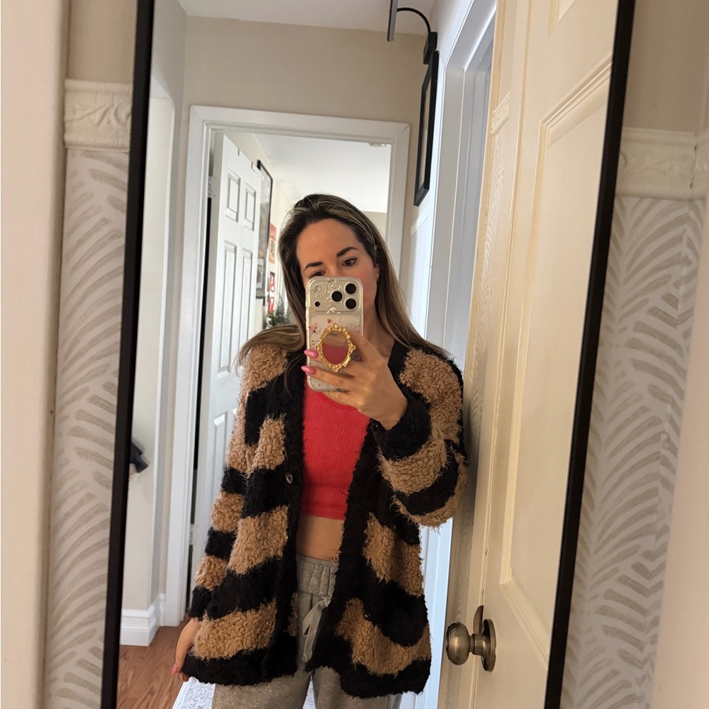 Free people Black and Tan Striped Fuzzy Cardigan
